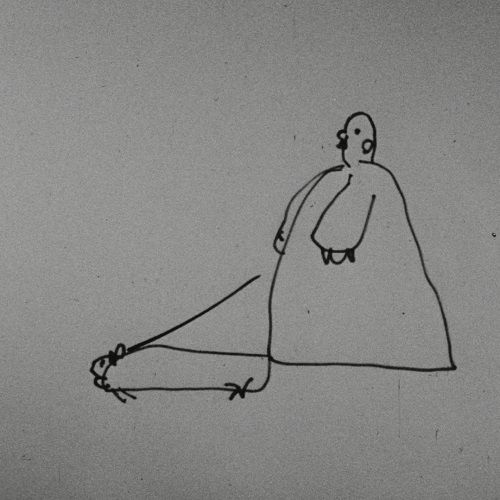 Mit schwarzen Strichen gezeichnet ein breiter Mann und ein langer Hund an einer Leine.